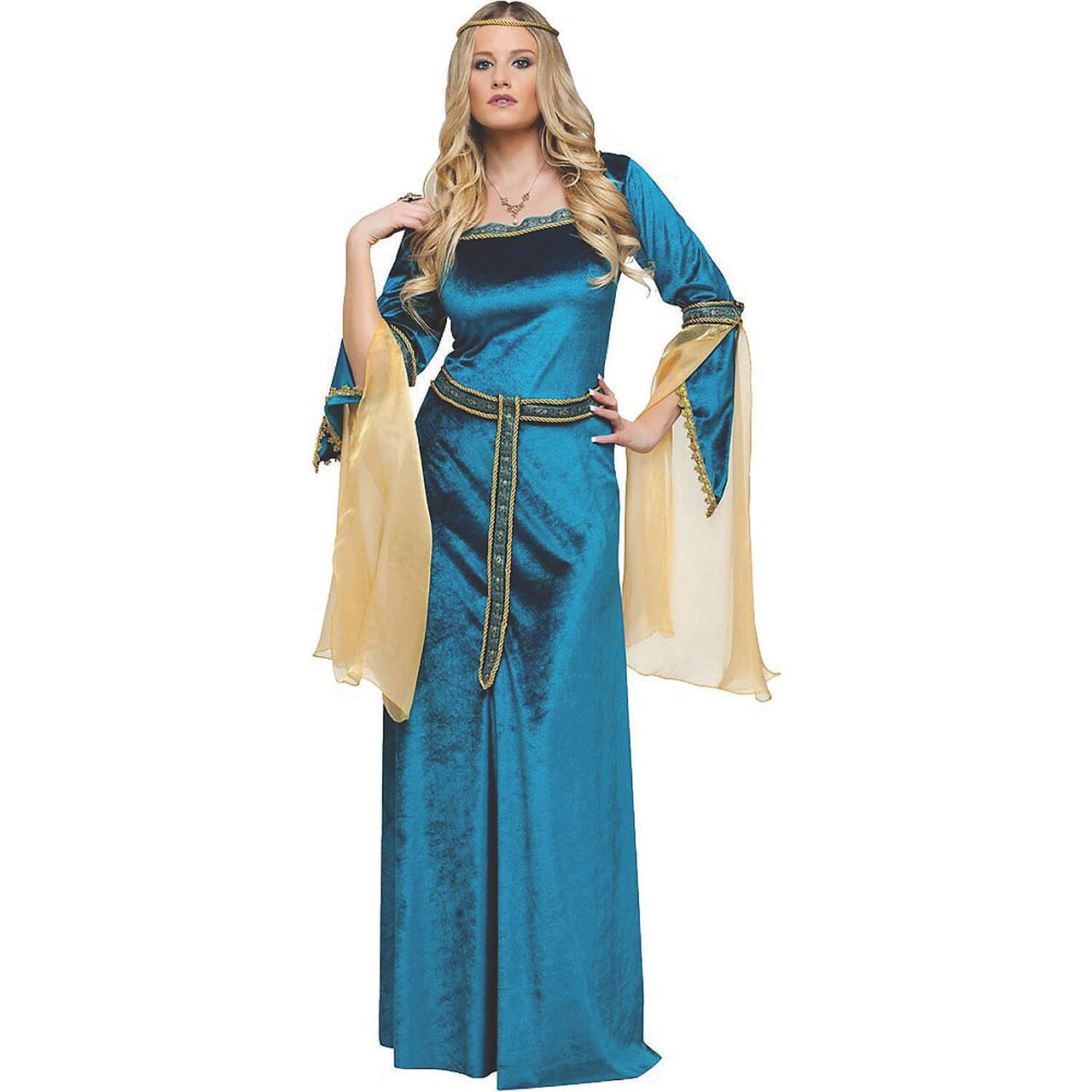 Womens Renaissance Princess Costume with Teal Velvet Gown Gold Trim and Organza Sleeves
